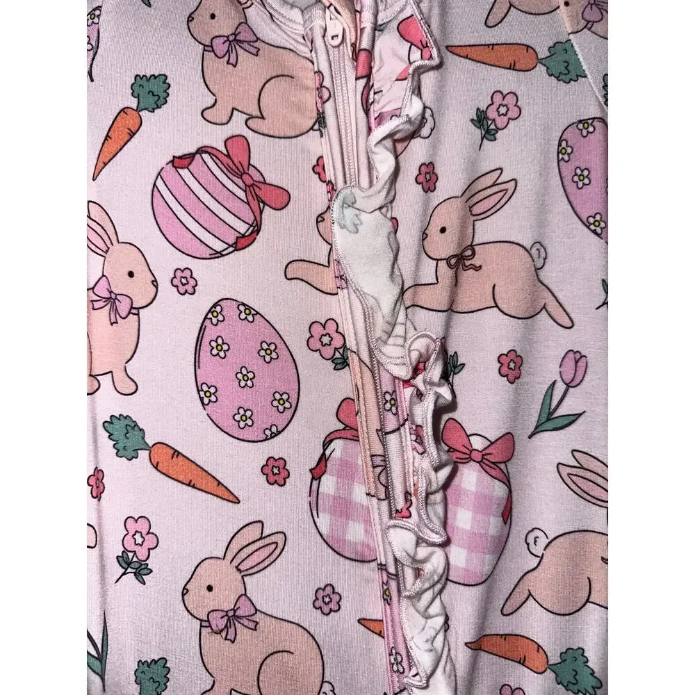 Caden Lane Hoppy Spring Easter Bunny Carrot Egg Ruffle Bamboo Zipper Footie 0-3M